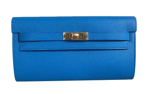 HERMES Kelly To Go Gold tone Lock Mysore Goat Skin Crossbody Wallet Regular Women's Of Bleu Frida Florida Blue