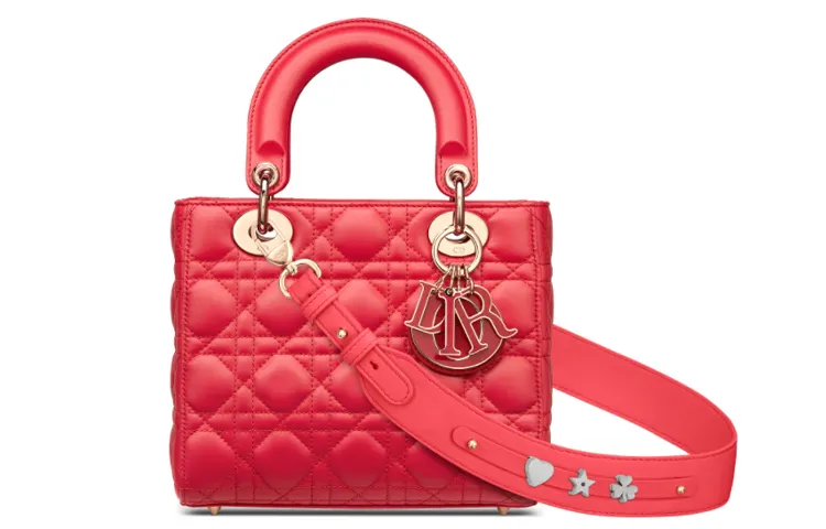 DIOR Wicker Pattern Sheepskin Handbag One Shoulder Handbag Small Women's Raspberry Red
