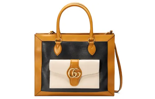 GUCCI Leather Tote Bag, Shopping Bag, Shoulder Bag, Crossbody Bag, Handbag Medium Women's White & Black & Burnt Yellow