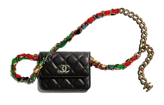CHANEL Lambskin & Ribbon & Metal Rainbow Waist Chain Crossbody Bag, Fanny Pack Small Women's Black/Colorful