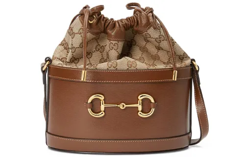 GUCCI Horsebit 1955 Canvas With Leather Bucket Bag, Shoulder Bag, Crossbody Bag Women's Brown