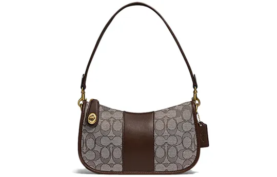 COACH Swinger Classic Jacquard Fabric With Leather Shoulder Bag, Pochette, Handbag, Crossbody Bag, Shoulder Bag Women's