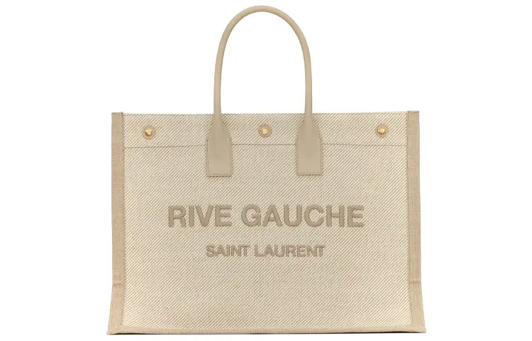 SAINT LAURENT Rive Gauche Linen With Leather Tote Bag, Shopping Bag, Handbag Women's Maris Sal Beige