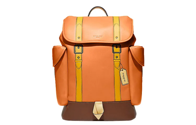 COACH Hitch Cow Leather, Textile Leather Backpacks Large Men's Yellow Brown Orange Multicolor