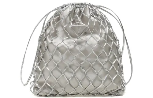 PRADA Casual Fabric With Leather Shoulder Bag, Crossbody Bag, Handbag Women's Silver