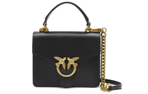 PINKO SIMPLY Chain Cow Leather Swallow Bag, Portable Crossbody Bag, Shoulder Bag Mini Women's Black Gold