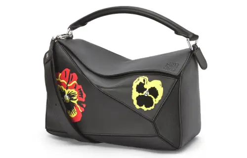 LOEWE Puzzle Zip Closure Cow Leather Handbag Men's Black