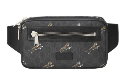 GUCCI Leather Canvas With Leather Sling Bag, Shoulder Bag, Crossbody Bag, Fanny Pack Men's Black Gray