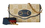 GUCCI Horsebit 1955 Raffia Effect With Leather Chain Shoulder Bag, Handbag Women's Beige & Blue