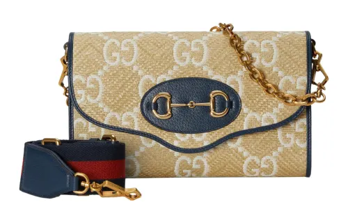 GUCCI Horsebit 1955 Raffia Effect With Leather Chain Shoulder Bag, Handbag Women's Beige & Blue