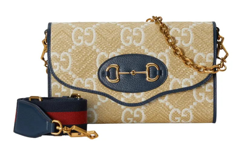 GUCCI Horsebit 1955 Raffia Effect With Leather Chain Shoulder Bag, Handbag Women's Beige & Blue