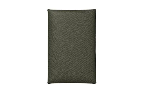 HERMES Calvi Solid Color Cow Leather Card Holder Women's Gray Green