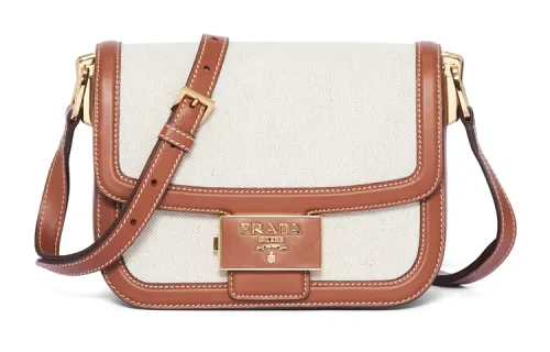 PRADA Leather Shoulder Bag, Crossbody Bag Women's Beige With Cognac