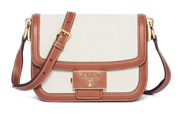 PRADA Leather Shoulder Bag, Crossbody Bag Women's Beige With Cognac