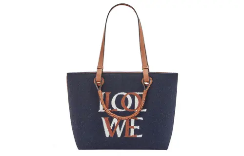 LOEWE Anagram Wool/Calfskin Tote Bag, Shopping Bag, Shoulder Bag, Handbag Women's Marine Blue/Tan