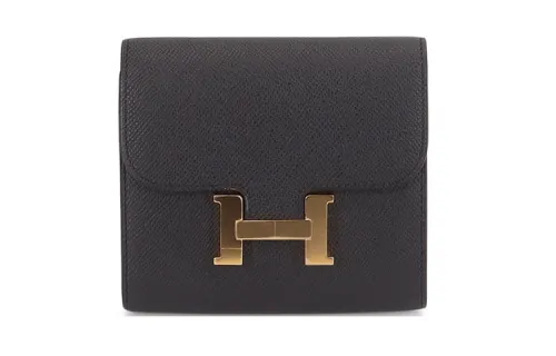 HERMES Constance Slim Gold tone Lock Epsom Leather Card Holder, Wallet Women's Black