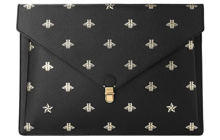 GUCCI Leather Envelope Bag, Clutch Large Unisex Black