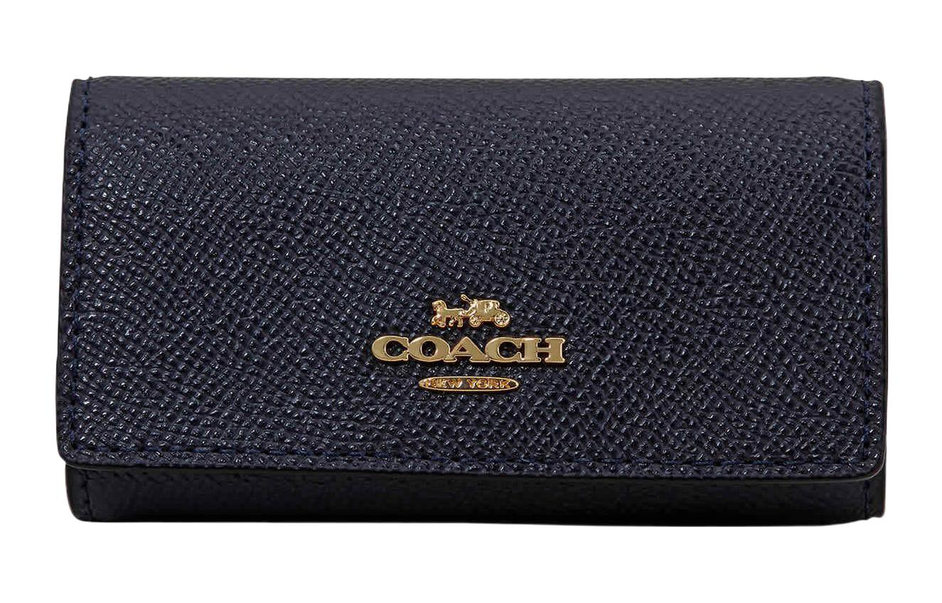 COACH Coach key case 11 gold logo three-fold six holes with hanging loop cross-grain leather key case regular unisex couple style navy blue