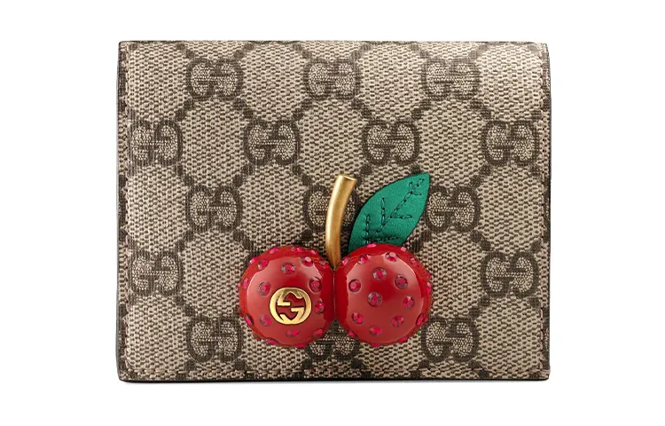 GUCCI GG Supreme Card Case Wallet With Cherries In GG Supreme