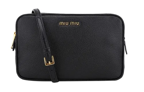MIU MIU Zip Closure Leather Shoulder Bag Unisex Black