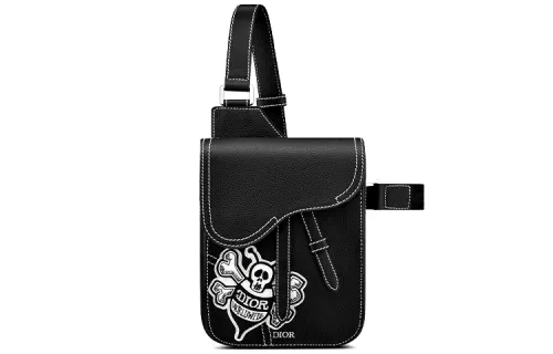 DIOR Shawn Collaboration Saddle Embroidery Crossbody Clutch Sling Bag Men's Black