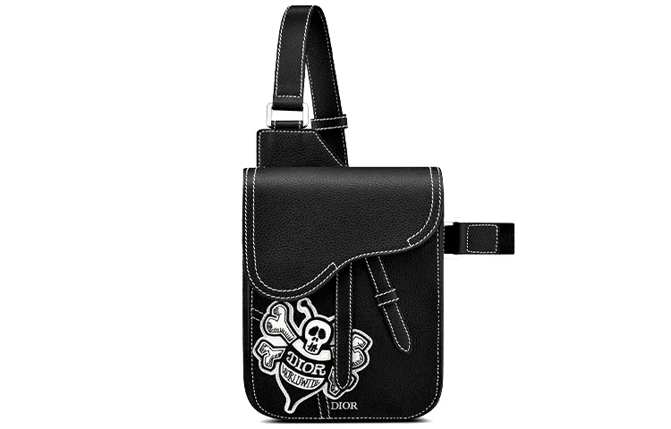 DIOR Shawn Collaboration Saddle Embroidery Crossbody Clutch Sling Bag Men's Black