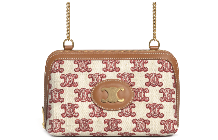 CELINE Triomphe Embroidery Textile, Cow Leather Binding Chain Bag, Shoulder Bag, Crossbody Bag Women's Fox Red