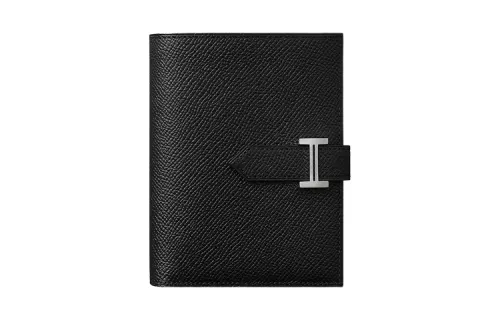 HERMES Bearn Silver Tone Buckle Epsom Calfskin Short Wallet Women's Noir Black