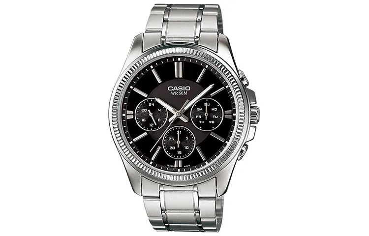 CASIO 3 Eye Quartz Movement Stainless Steel Strap Watch Men's Watches Black Dial