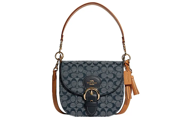 COACH Kleo Fabric With Cow Leather Saddle Bag, Shoulder Bag Medium Women's Blue & Taupe