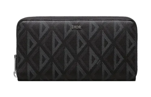 DIOR Smooth Cow Leather & Cotton Gray Canvas Wallet Men's Black