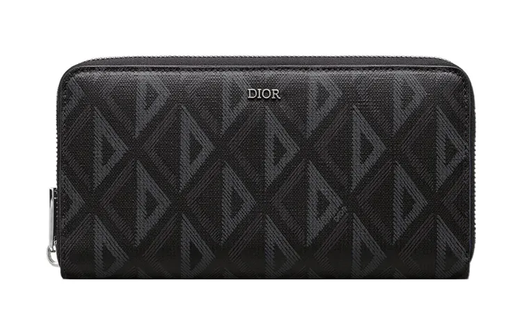 DIOR Smooth Cow Leather & Cotton Gray Canvas Wallet Men's Black