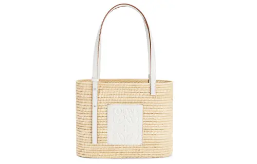 LOEWE Square Basket Raffia Fiber With Cow Leather Basket Bag, Straw Bag, Holiday Bag, Handbag, Tote Bag, Shoulder Bag