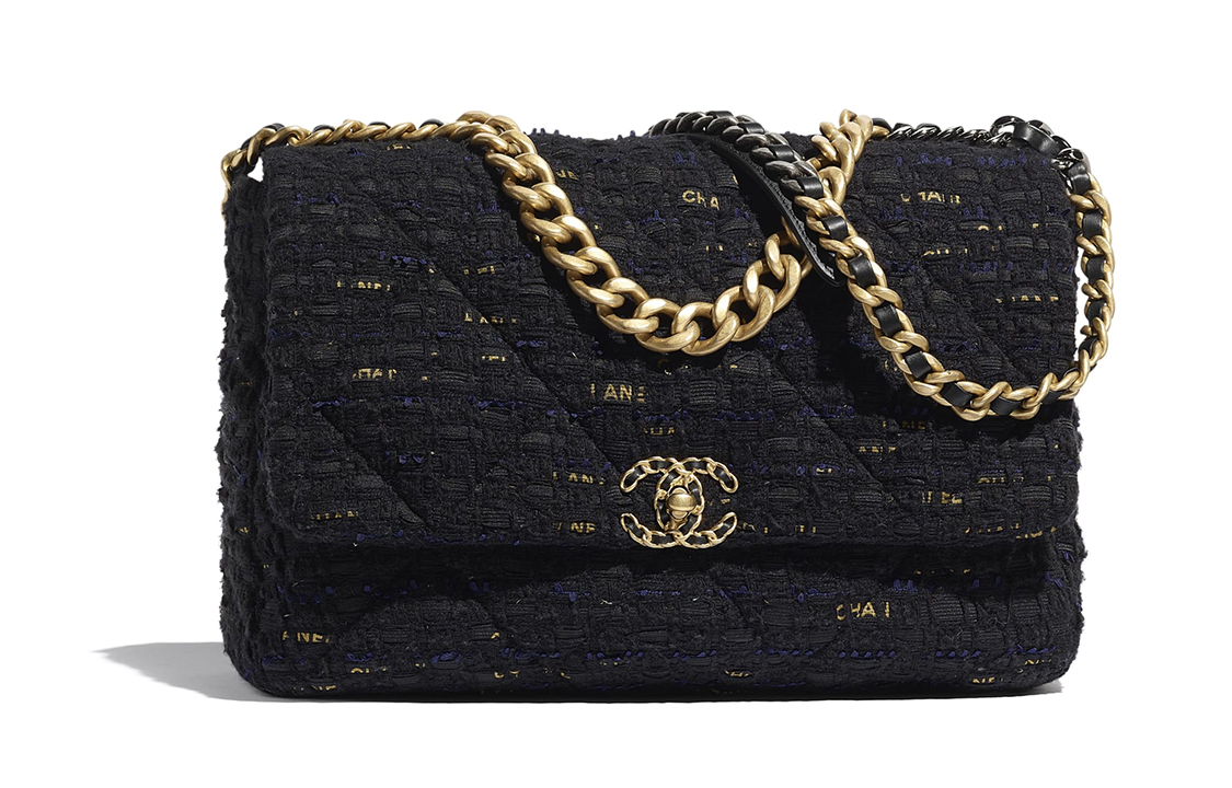 CHANEL 19Bag Twill Soft Woolen Crossbody Portable One Shoulder Backpack Women's Marine Blue, Gold, Multicolor