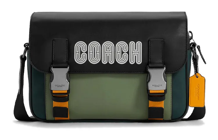 COACH Track Calfskin Messenger Bag, Shoulder Bag, Crossbody Bag Large Men's Black & Green