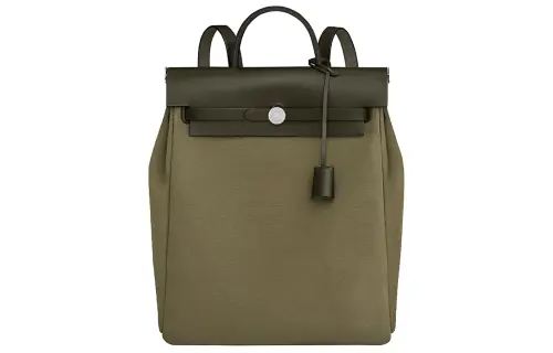 HERMES Herbag Zip Officier Canvas With Hunter Cow Leather Carry Backpack Regular Unisex Olive Green/Khaki