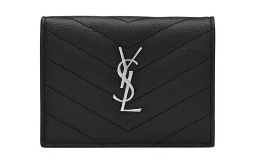 SAINT LAURENT Quilted Leather Double Fold Flap Card Holder, Wallet Women's Black