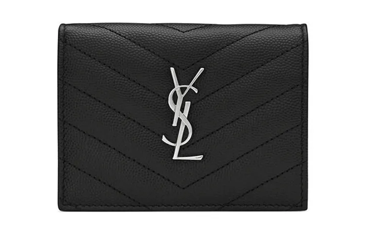 SAINT LAURENT Quilted Leather Double Fold Flap Card Holder, Wallet Women's Black