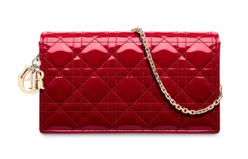 DIOR Lady Dior Patent Leather Handbag, Coin Purse, One Shoulder, Crossbody, Clutch Women's Cherry Red