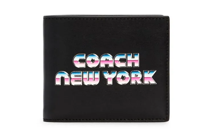 COACH Billfold Wallet Cow Leather Clutch Card Holder, Wallet Medium Unisex Black