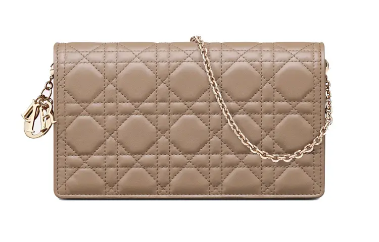 DIOR Lady Dior Wicker Pattern Lambskin Chain Clutch Handbag Women's Taupe