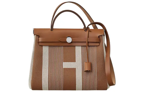 HERMES Herbag Zip Canvas With Saddle Leather Shoulder Bag, Crossbody Bag, Handbag 31 Unisex Coffee/Beige