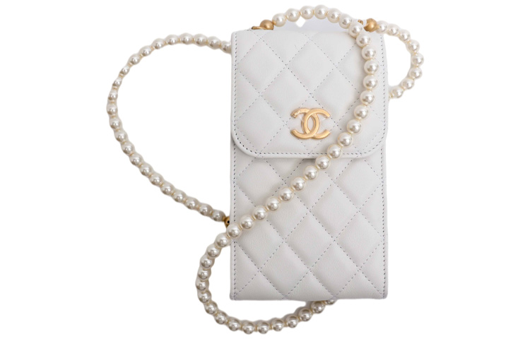CHANEL Sheepskin One Shoulder Crossbody Cell Phone Pouch Women's White
