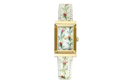GUCCI G Frame Geranium Floral Square Wrist Watches Quartz Movement Leather Strap White Dial Women's Watch