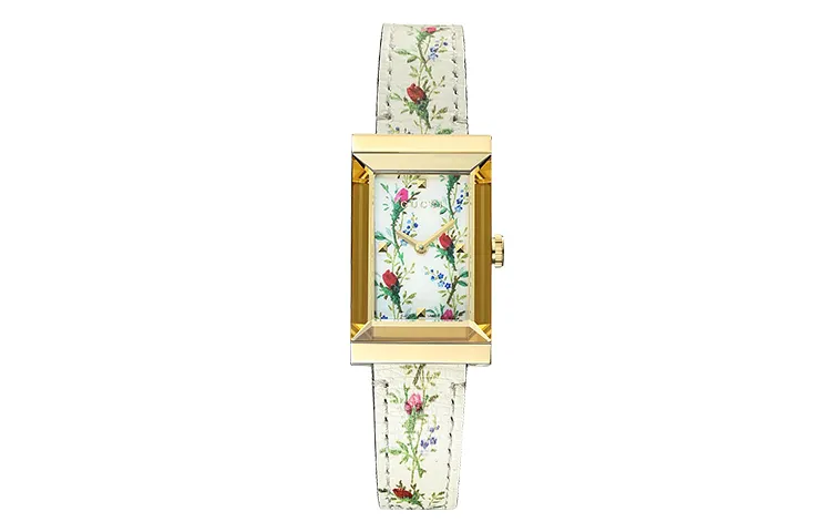 GUCCI G Frame Geranium Floral Square Wrist Watches Quartz Movement Leather Strap White Dial Women's Watch