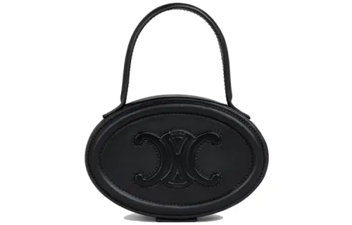 CELINE Cuir Triomphe Smooth Cow Leather Makeup Bag Round Bag Handbag Women's Black