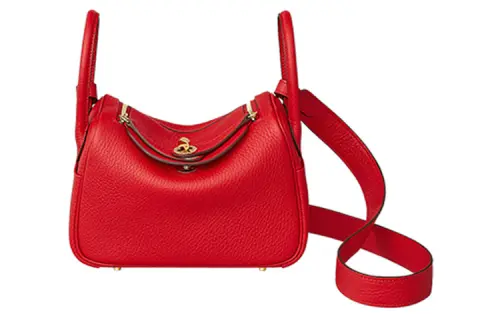 HERMES Lindy Taurillon Clemence Cow Leather Handbags 19 Women's S3 Rouge De Coeur Heart Red