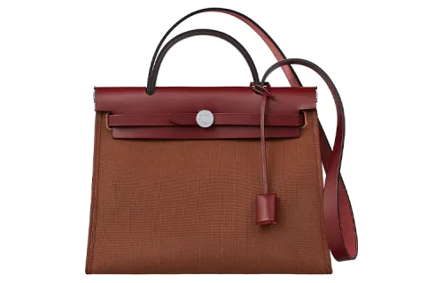 HERMES Herbag Zip Cowhide Patchwork Canvas Shoulder Bag, Crossbody Bag, Handbag 31 Unisex Burgundy/Dark Brown