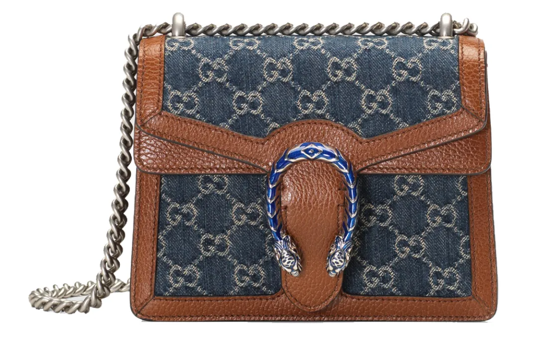 GUCCI Dionysus Denim With Leather Trim Crossbody Bag, Shoulder Bag Mini Women's Gray & Blue & Brown