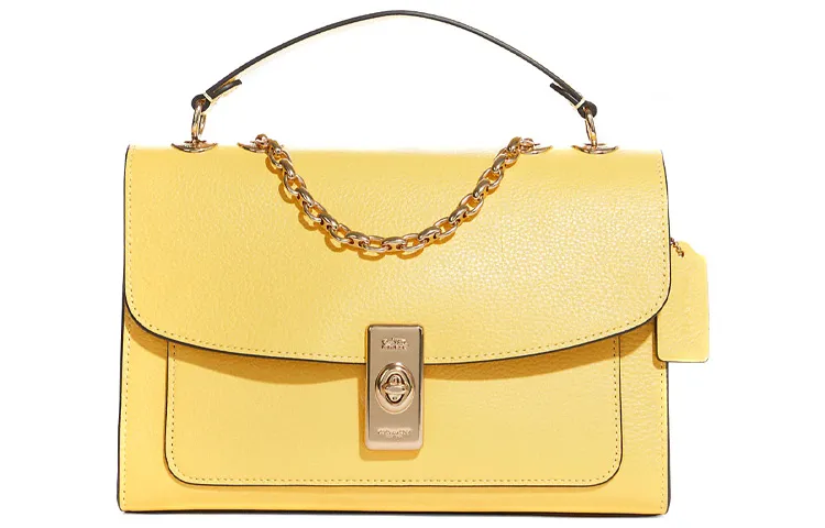 COACH Pebbled Leather Portable Crossbody Bag, Shoulder Bag Large Women's Butter Yellow & Gold Zippers